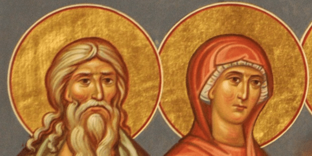 Iconographic painting of Abraham and Sarah, two revered figures with golden halos against a blue background
