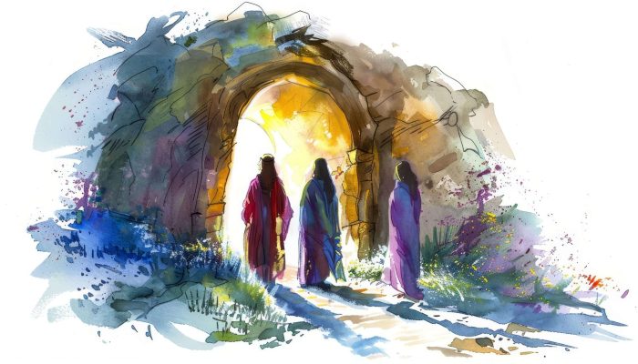 Watercolor painting of three figures in sunlight at a stone archway, surrounded by vibrant blue, purple, and green abstract foliage
